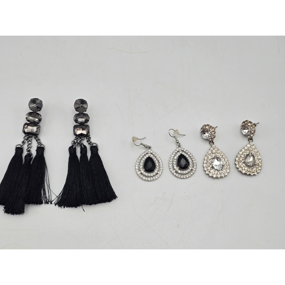 Statement‎ Earring Set Women OS Black Silver Good Tassel Rhinestone 3PC